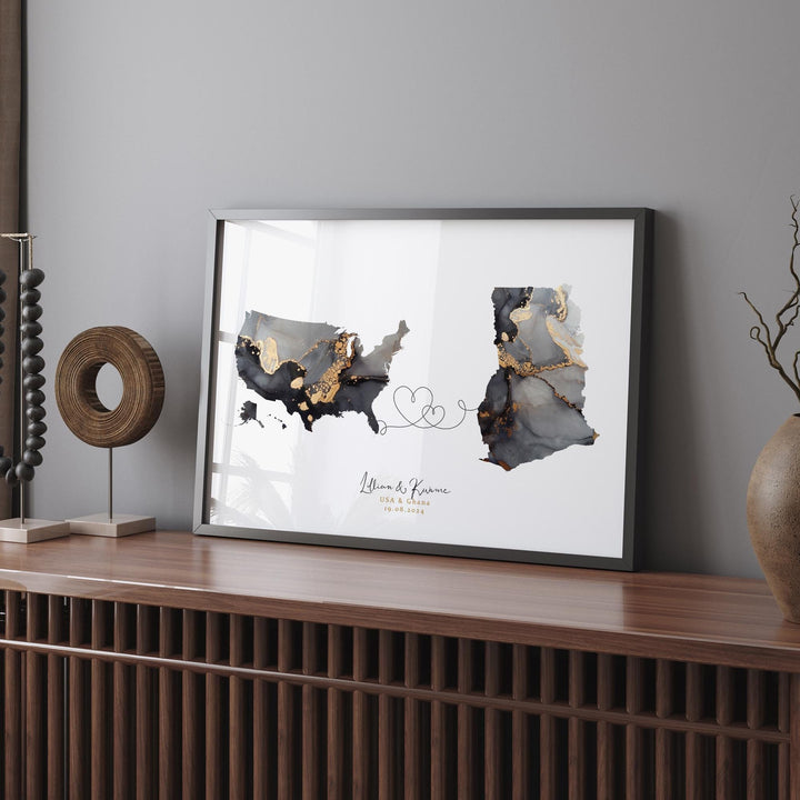 USA and Ghana Map Black & Gold Travel Wall Art Print | United States | America | Travel Moving Home Gift