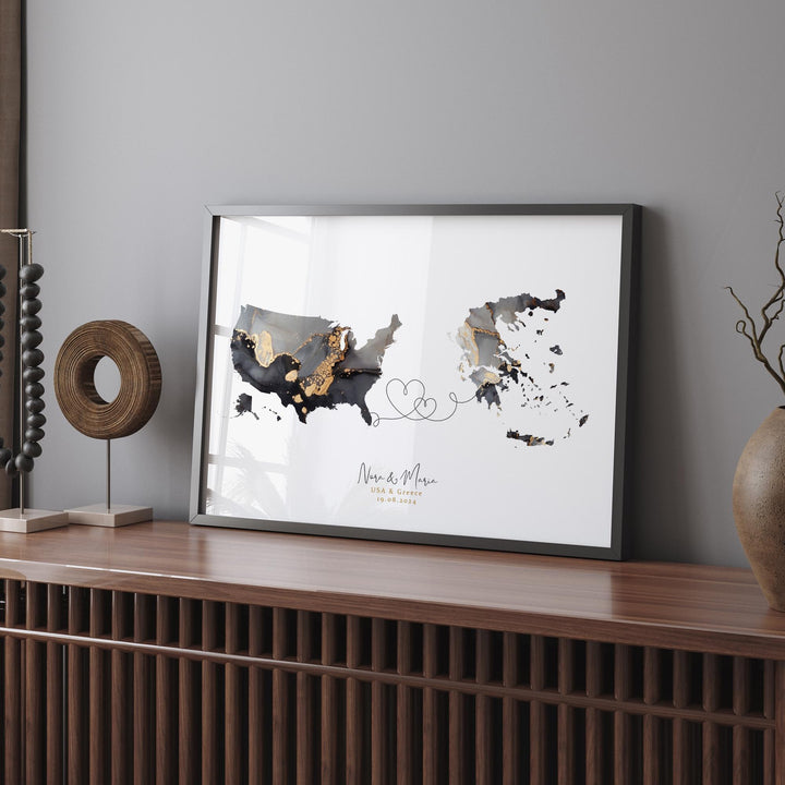 USA and Greece Map Black & Gold Travel Wall Art Print | United States | America | Travel Moving Home Gift