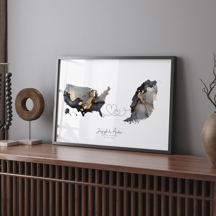 USA and Grenada Map Black & Gold Travel Wall Art Print | United States | America | Travel Moving Home Gift