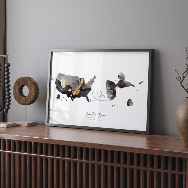 USA and Guadeloupe Map Black & Gold Travel Wall Art Print | United States | America | Travel Moving Home Gift