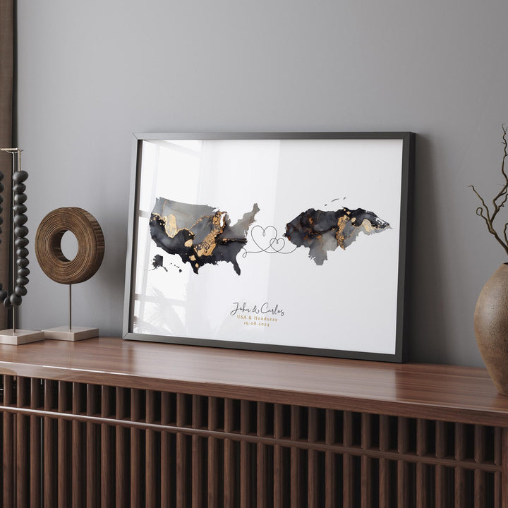USA and Honduras Map Black & Gold Travel Wall Art Print | United States | America | Travel Moving Home Gift