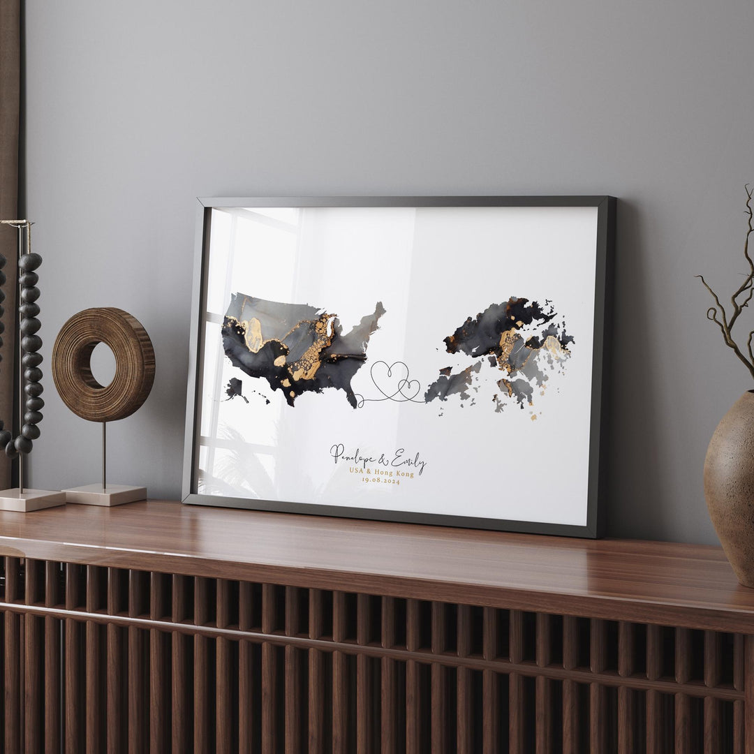 USA and Hong Kong Map Black & Gold Travel Wall Art Print | United States | America | Travel Moving Home Gift