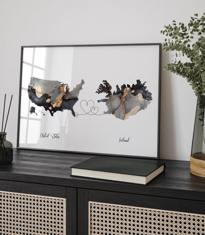 USA and Iceland Map Black & Gold Travel Wall Art Print | United States | America | Travel Moving Home Gift