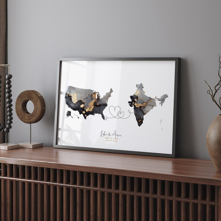 USA and India Map Black & Gold Travel Wall Art Print | United States | America | Travel Moving Home Gift