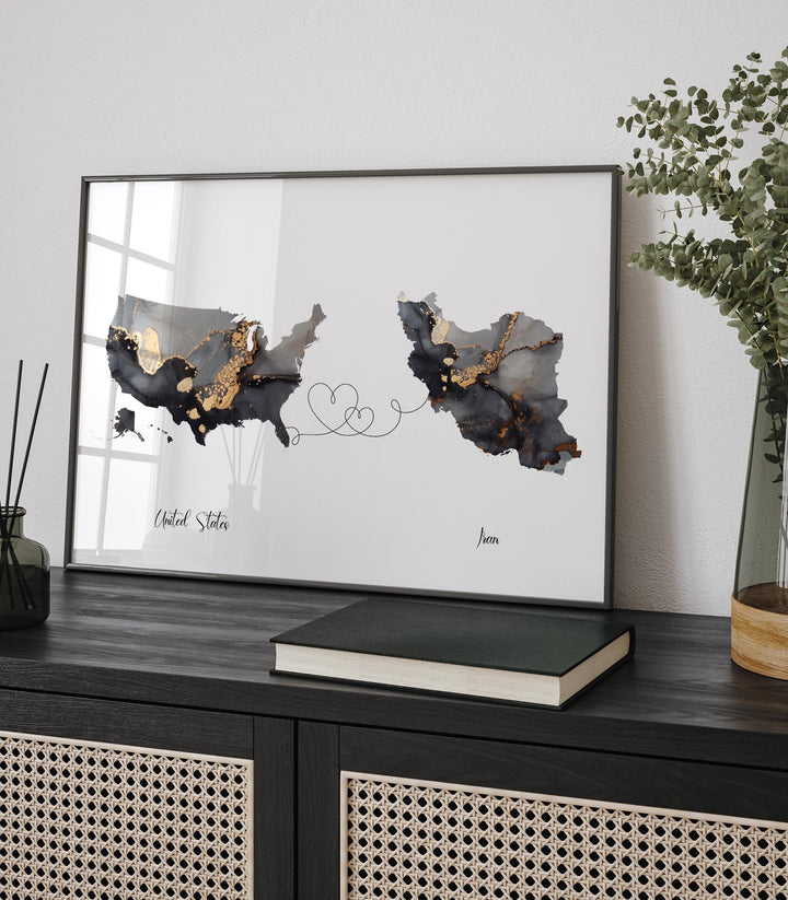 USA and Iran Map Black & Gold Travel Wall Art Print | United States | America | Travel Moving Home Gift