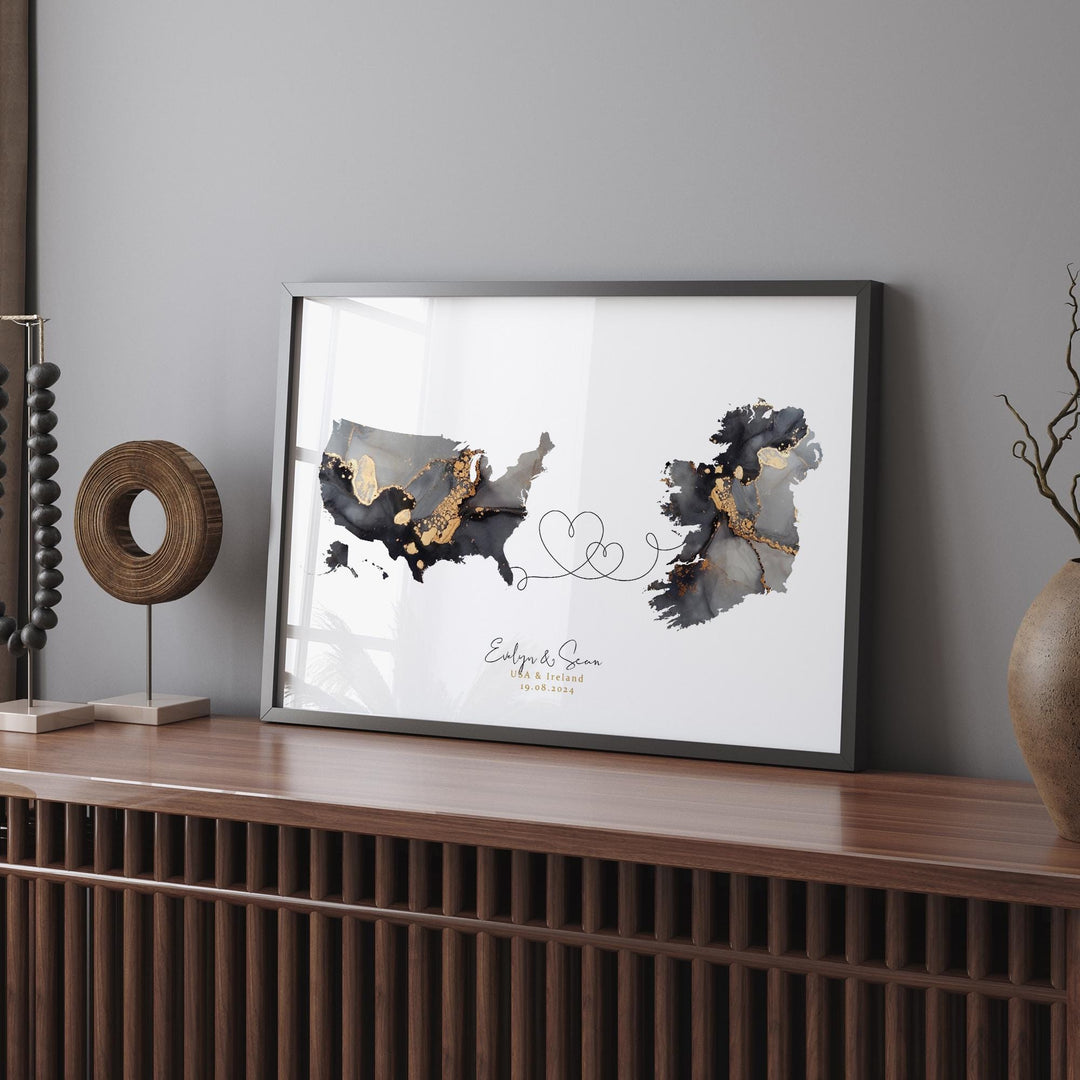 USA and Ireland Map Black & Gold Travel Wall Art Print | United States | America | Travel Moving Home Gift