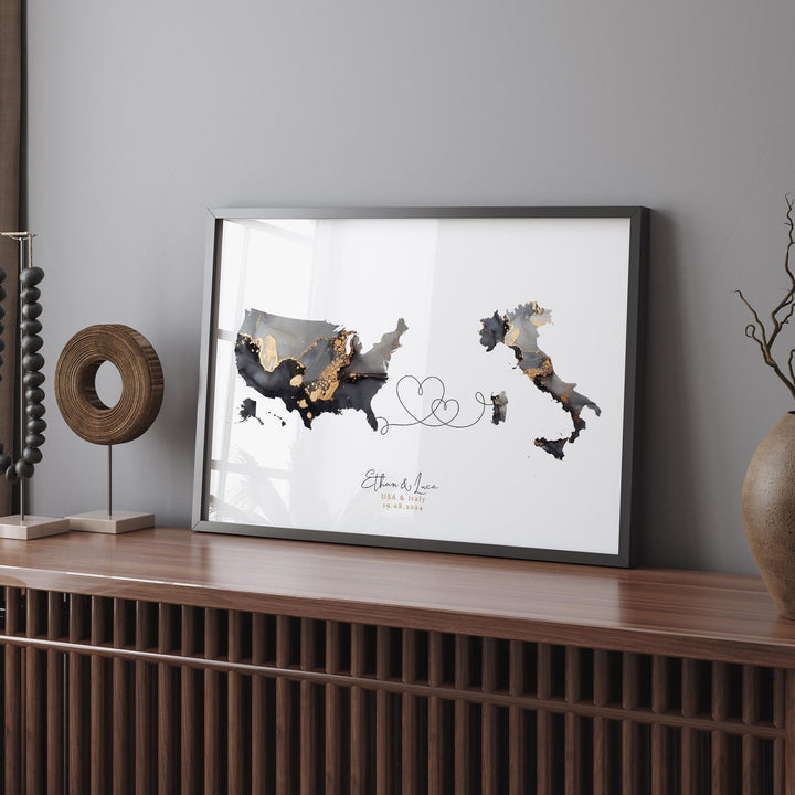 USA and Italy Map Black & Gold Travel Wall Art Print | United States | America | Travel Moving Home Gift