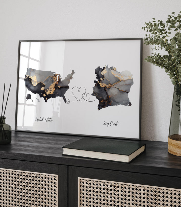 USA and Ivory Coast Map Black & Gold Travel Wall Art Print | United States | America | Travel Moving Home Gift