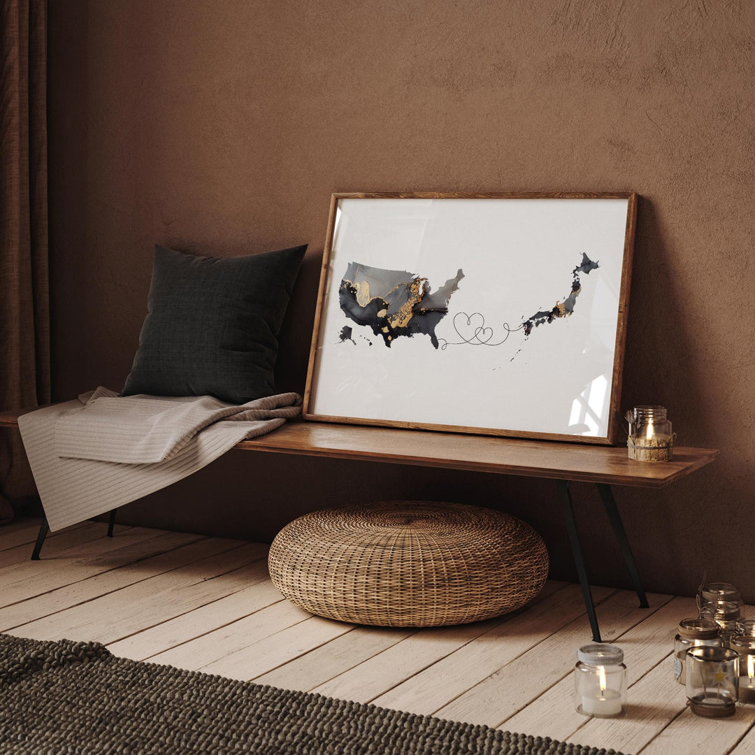 USA and Japan Map Black & Gold Travel Wall Art Print | United States | America | Travel Moving Home Gift