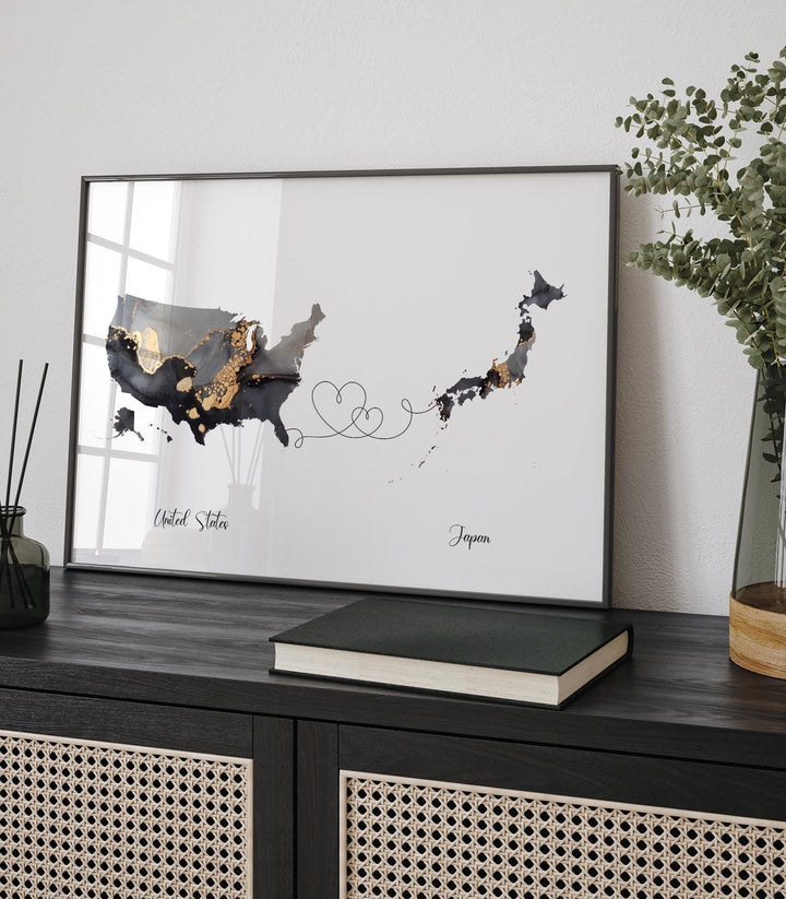 USA and Japan Map Black & Gold Travel Wall Art Print | United States | America | Travel Moving Home Gift