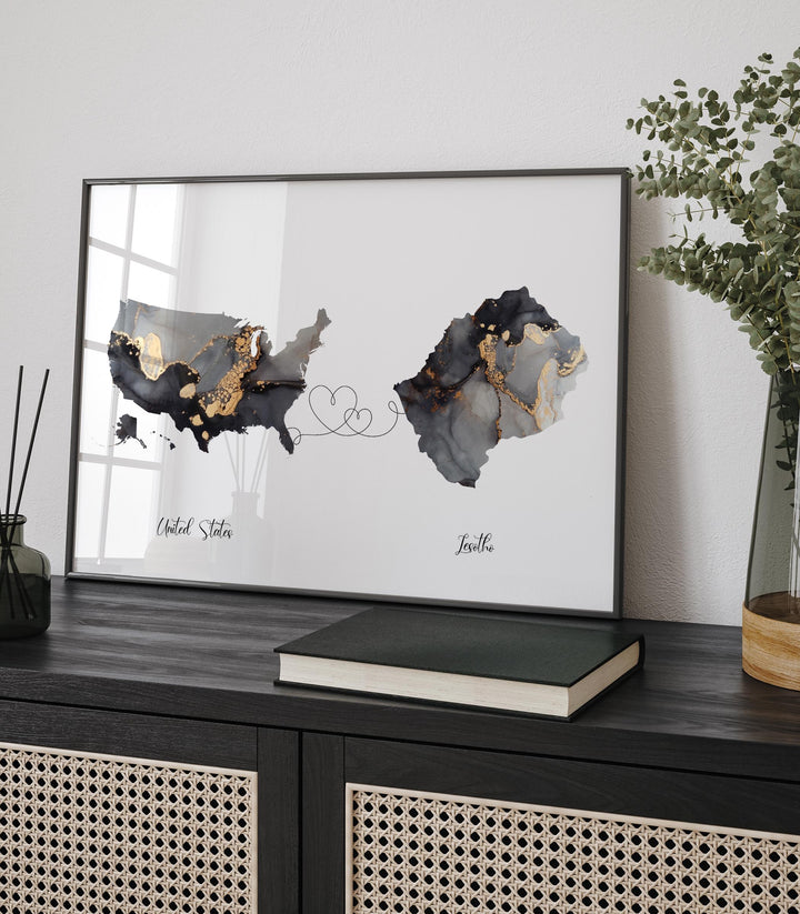 USA and Lesotho Map Black & Gold Travel Wall Art Print | United States | America | Travel Moving Home Gift