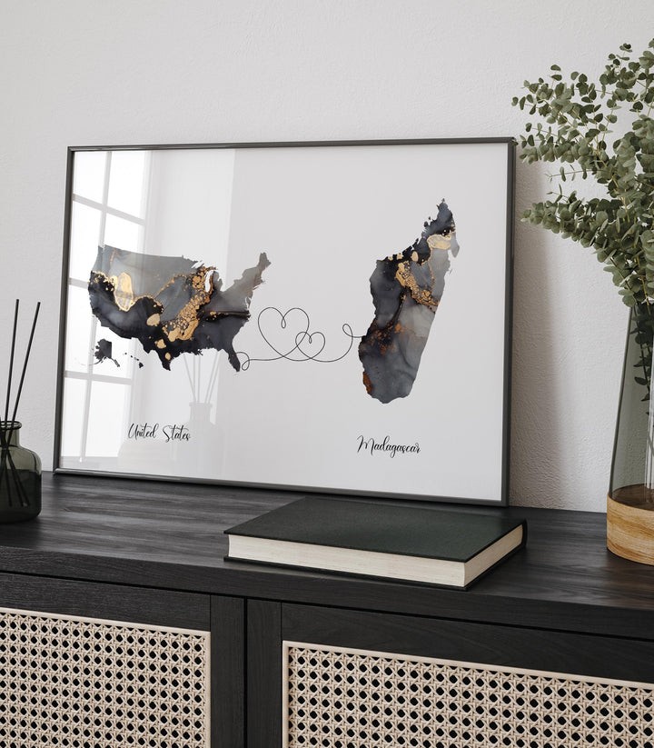USA and Madagascar Map Black & Gold Travel Wall Art Print | United States | America | Travel Moving Home Gift