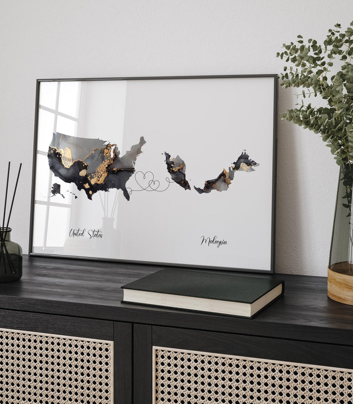 USA and Malaysia Map Black & Gold Travel Wall Art Print | United States | America | Travel Moving Home Gift