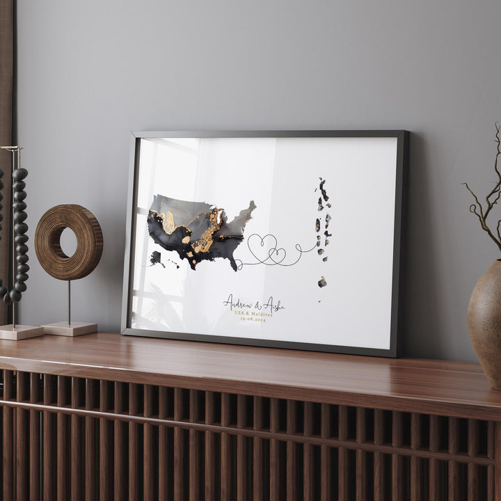 USA and Maldives Map Black & Gold Travel Wall Art Print | United States | America | Travel Moving Home Gift
