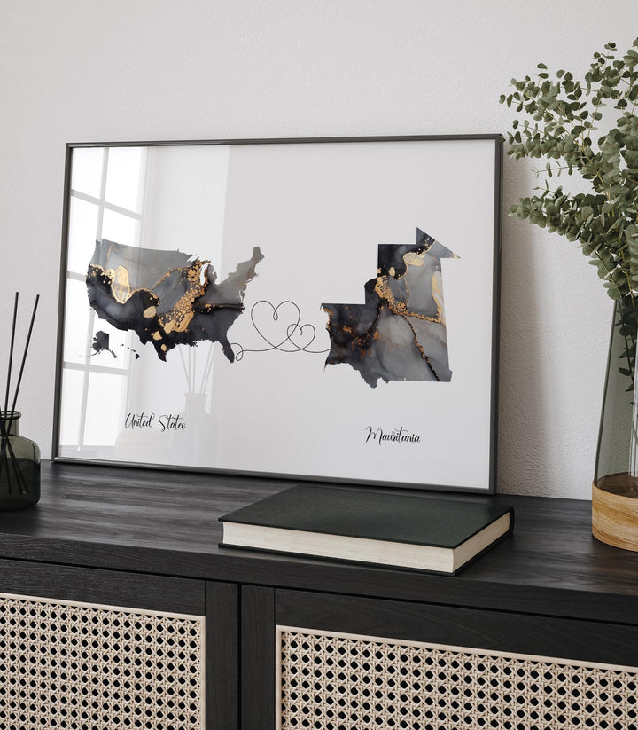 USA and Mauritania Map Black & Gold Travel Wall Art Print | United States | America | Travel Moving Home Gift