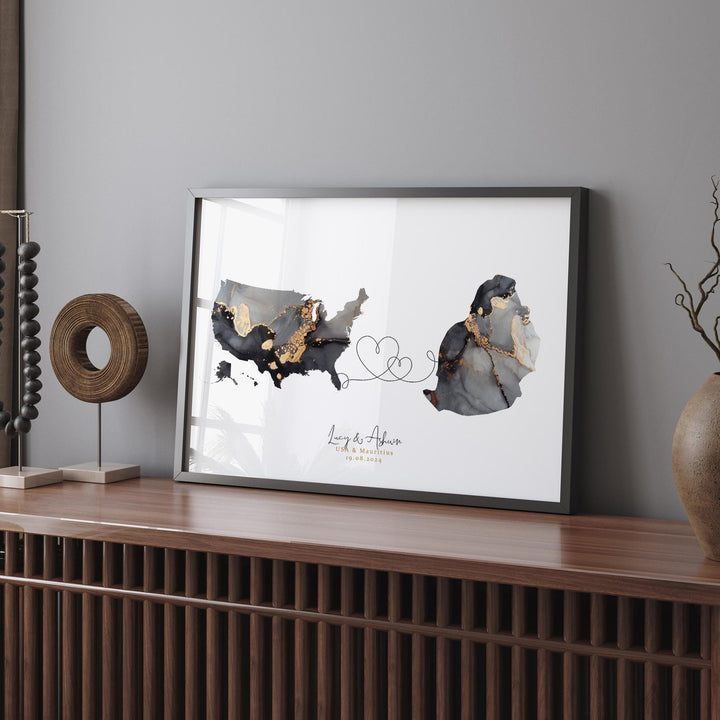 USA and Mauritius Map Black & Gold Travel Wall Art Print | United States | America | Travel Moving Home Gift