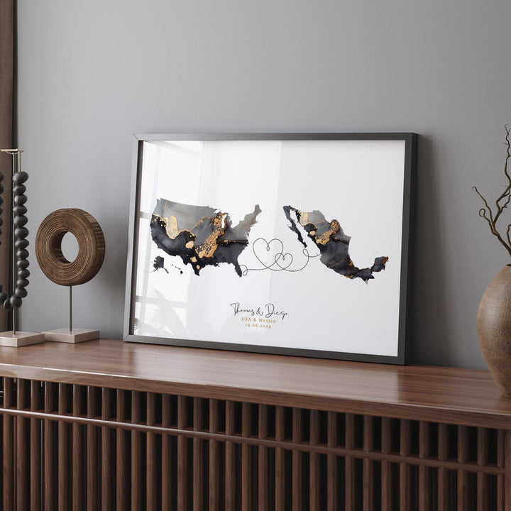 USA and Mexico Map Black & Gold Travel Wall Art Print | United States | America | Travel Moving Home Gift