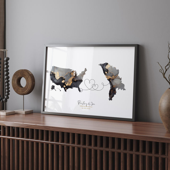 USA and Moldova Map Black & Gold Travel Wall Art Print | United States | America | Travel Moving Home Gift