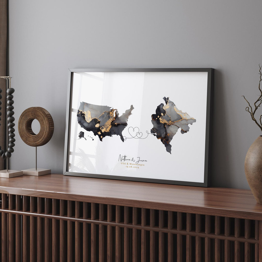 USA and Montenegro Map Black & Gold Travel Wall Art Print | United States | America | Travel Moving Home Gift
