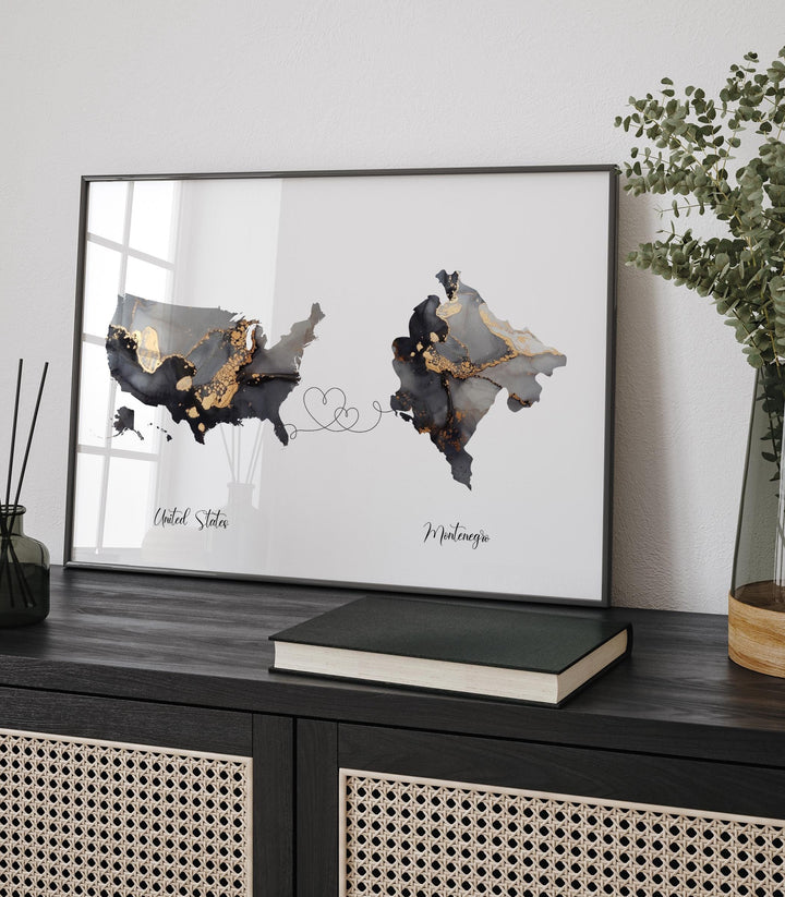 USA and Montenegro Map Black & Gold Travel Wall Art Print | United States | America | Travel Moving Home Gift