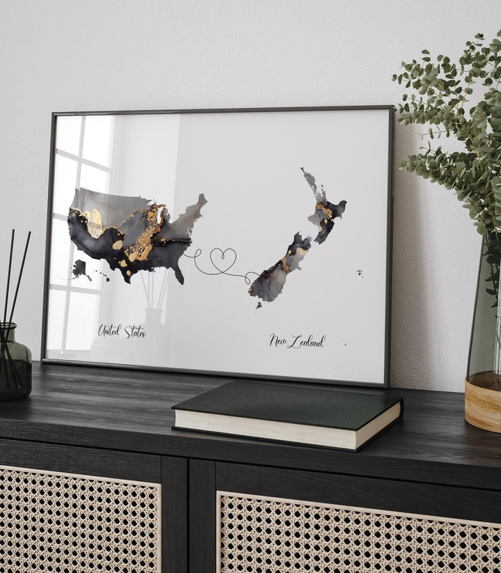 USA and New Zealand Map Black & Gold Travel Wall Art Print | United States | America | Travel Moving Home Gift