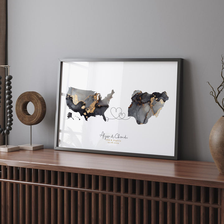 USA and Nigeria Map Black & Gold Travel Wall Art Print | United States | America | Travel Moving Home Gift