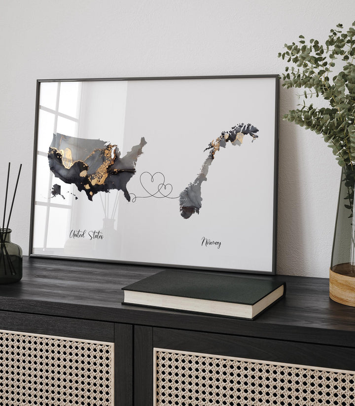USA and Norway Map Black & Gold Travel Wall Art Print | United States | America | Travel Moving Home Gift