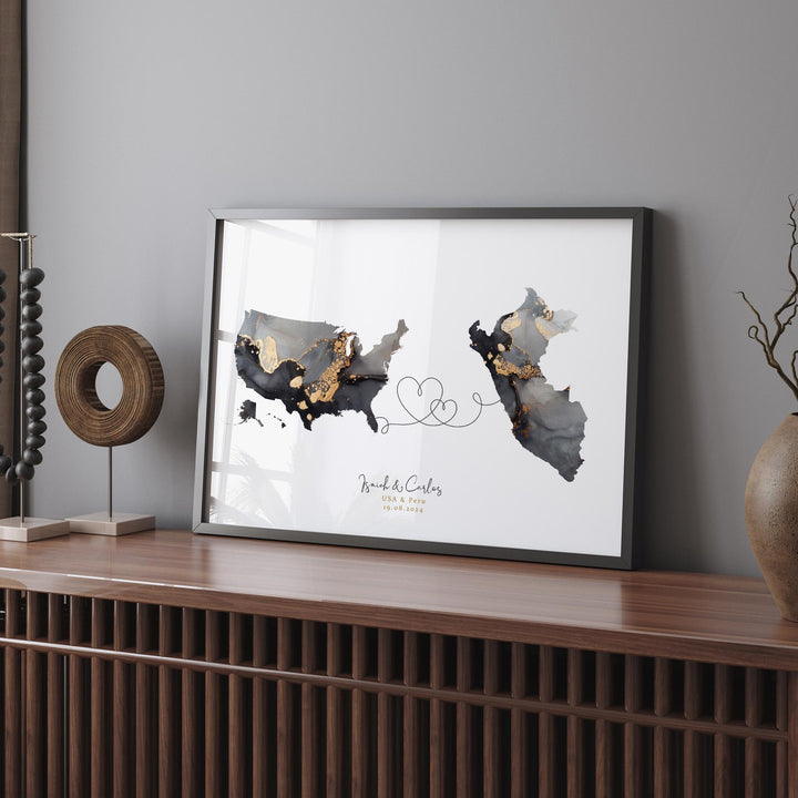 USA and Peru Map Black & Gold Travel Wall Art Print | United States | America | Travel Moving Home Gift