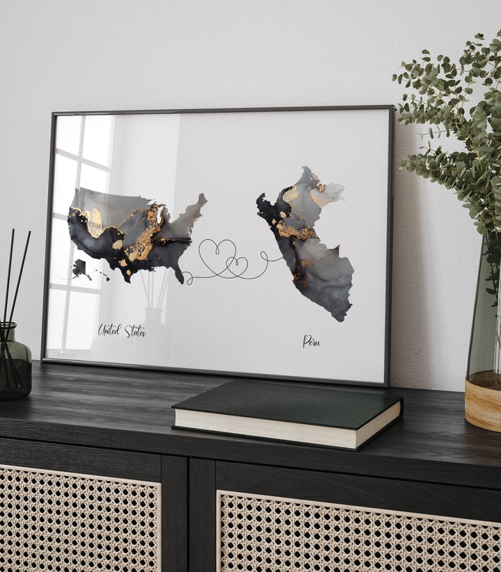 USA and Peru Map Black & Gold Travel Wall Art Print | United States | America | Travel Moving Home Gift