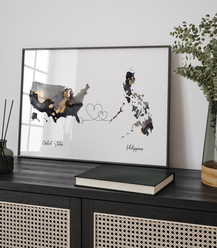 USA and Philippines Map Black & Gold Travel Wall Art Print | United States | America | Travel Moving Home Gift