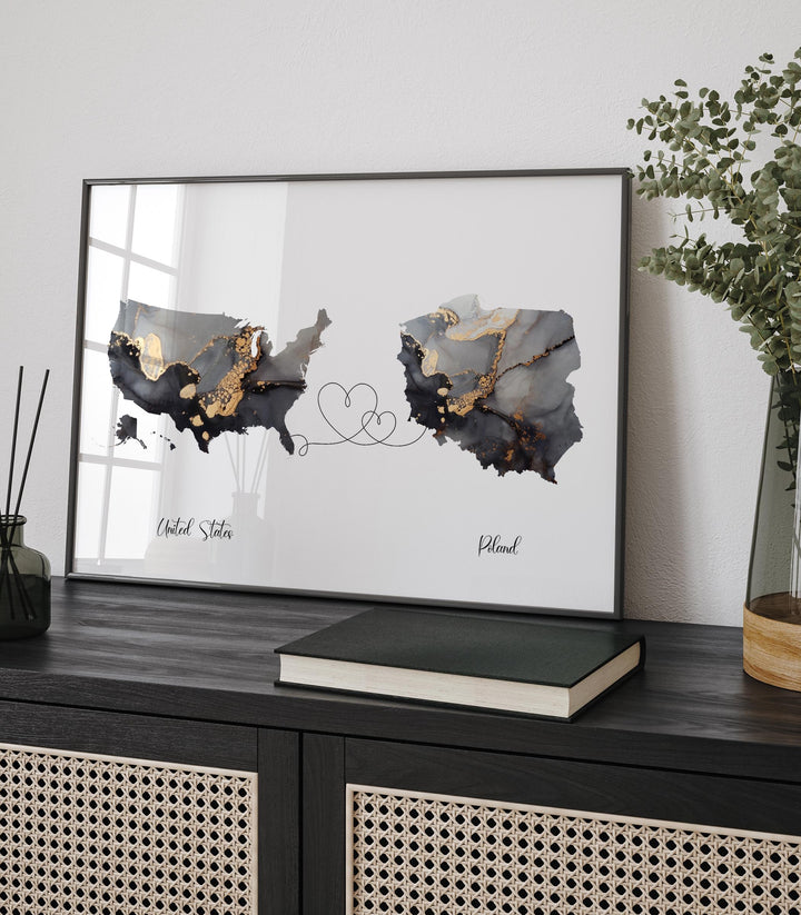 USA and Poland Map Black & Gold Travel Wall Art Print | United States | America | Travel Moving Home Gift