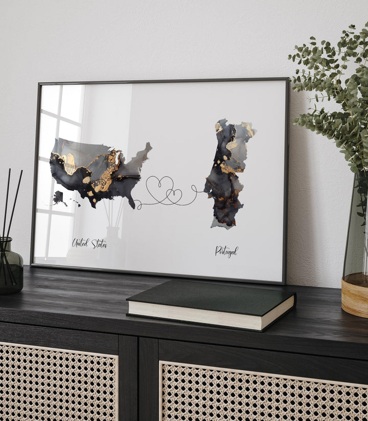 USA and Portugal Map Black & Gold Travel Wall Art Print | United States | America | Travel Moving Home Gift