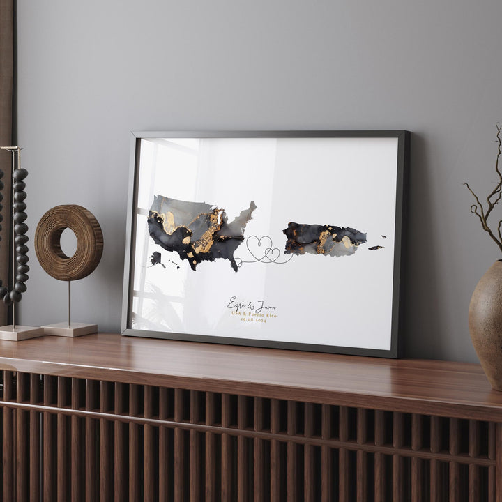 USA and Puerto Rico Map Black & Gold Travel Wall Art Print | United States | America | Travel Moving Home Gift