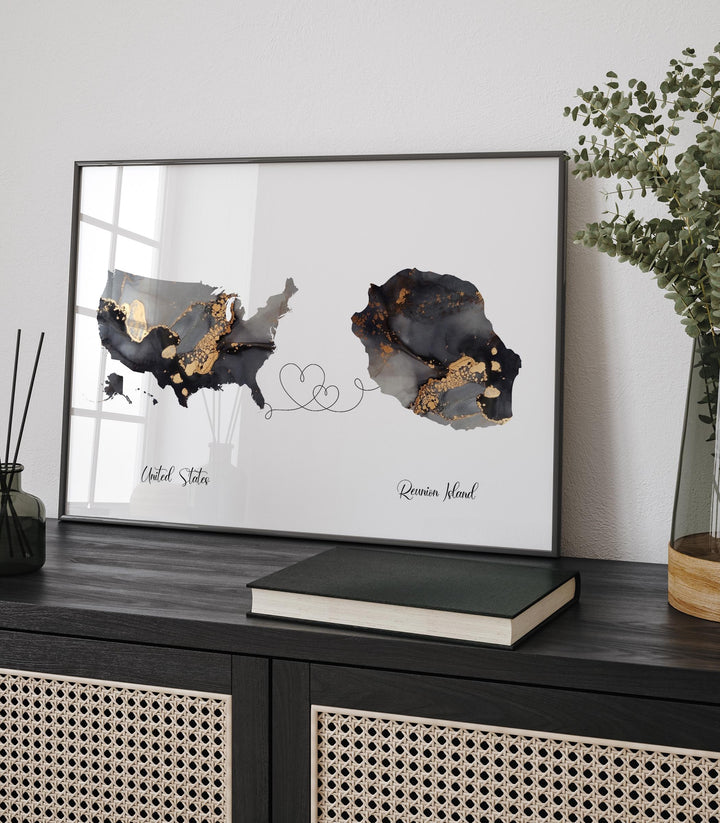 USA and Reunion Island Map Black & Gold Travel Wall Art Print | United States | America | Travel Moving Home Gift