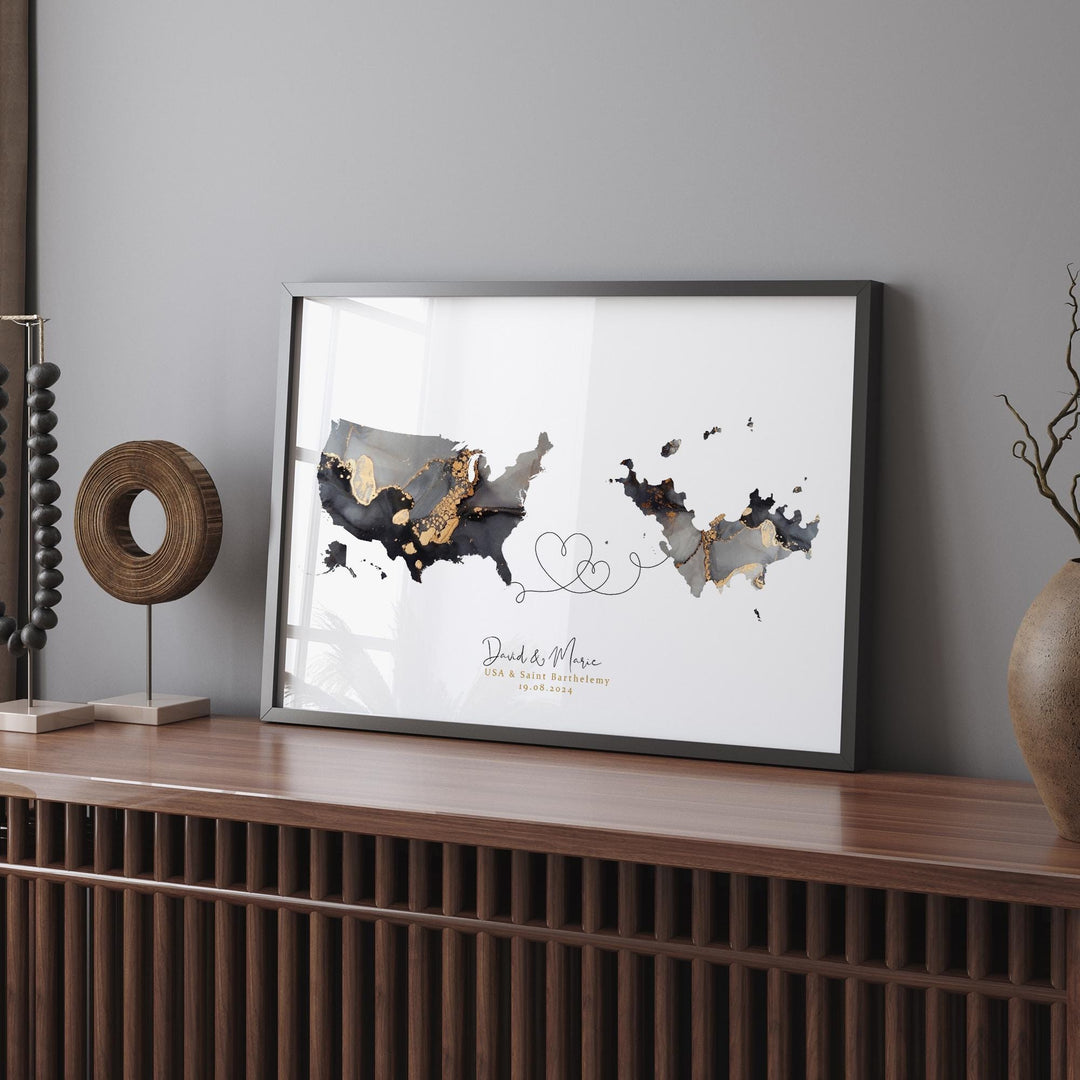 USA and Saint Barthelemy Map Black & Gold Travel Wall Art Print | United States | America | Travel Moving Home Gift