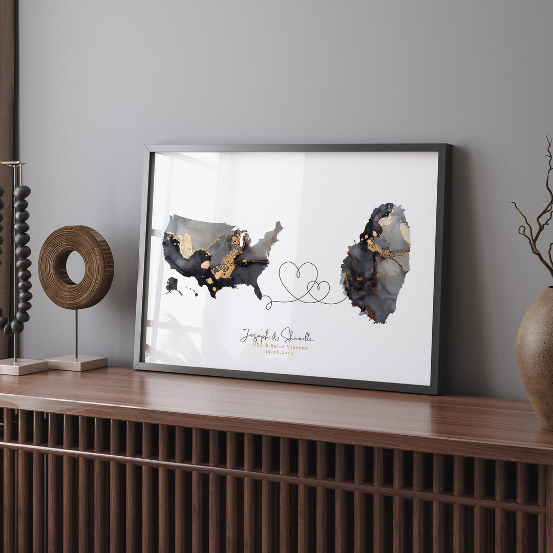 USA and Saint Vincent Map Black & Gold Travel Wall Art Print | United States | America | Travel Moving Home Gift
