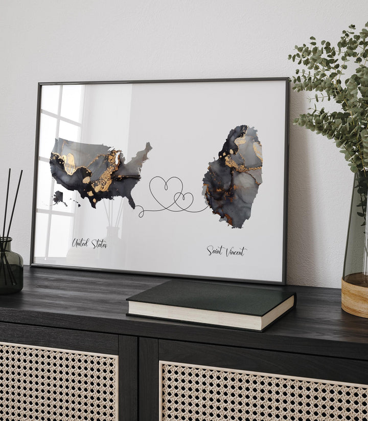 USA and Saint Vincent Map Black & Gold Travel Wall Art Print | United States | America | Travel Moving Home Gift
