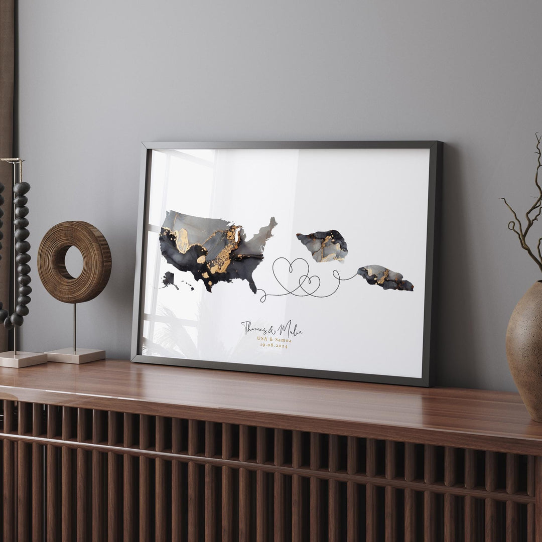 USA and Samoa Map Black & Gold Travel Wall Art Print | United States | America | Travel Moving Home Gift
