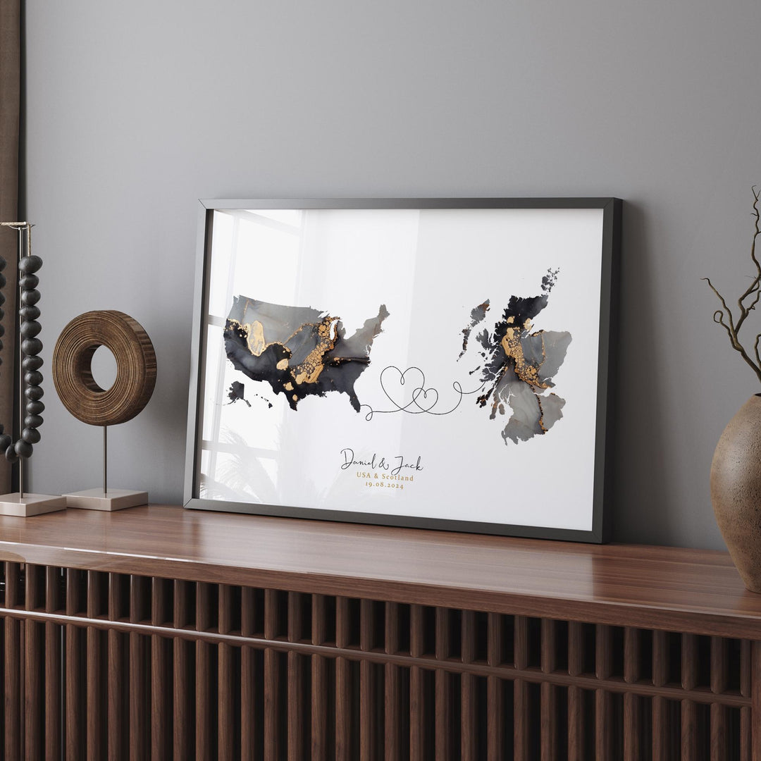 USA and Scotland Map Black & Gold Travel Wall Art Print | United States | America | Travel Moving Home Gift
