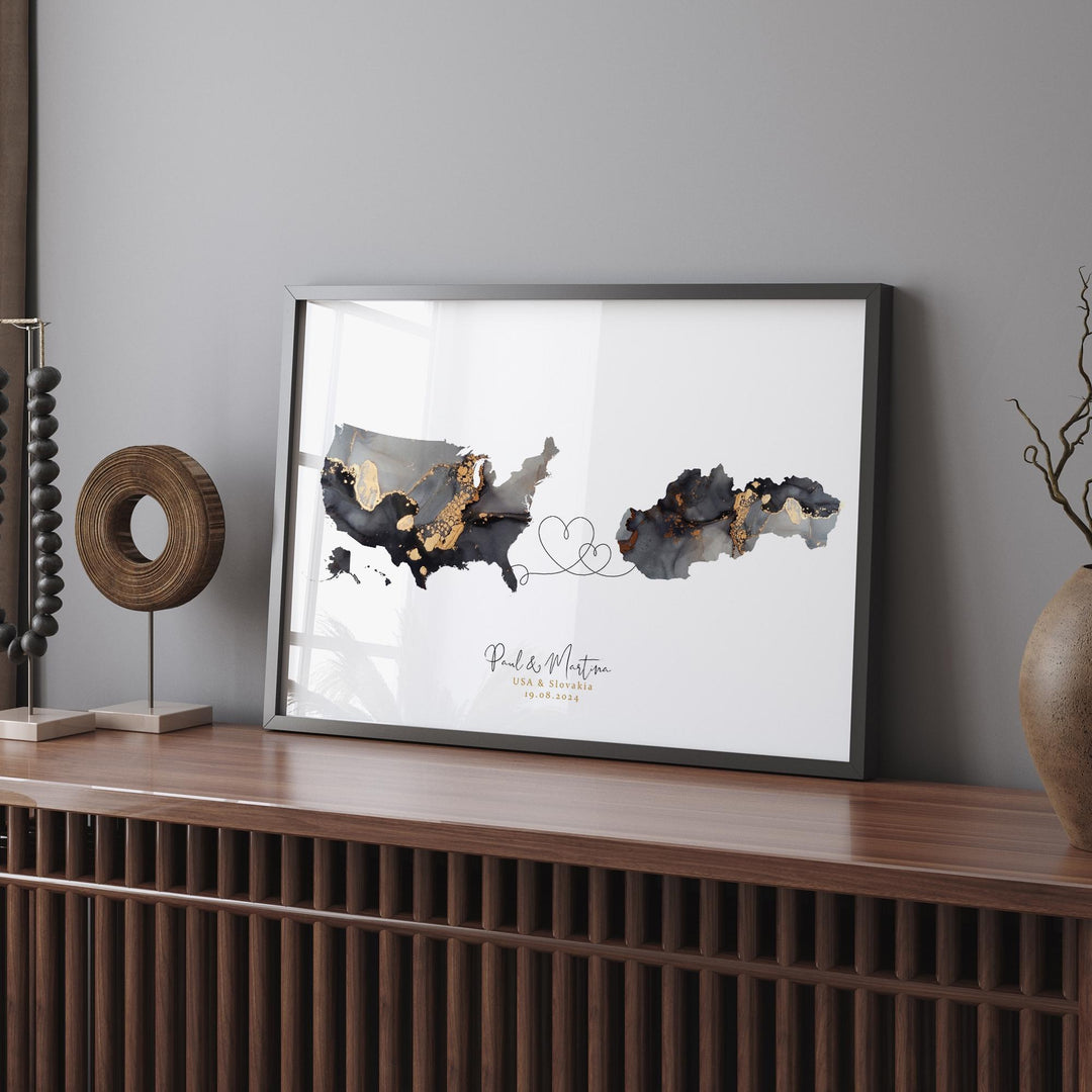 USA and Slovakia Map Black & Gold Travel Wall Art Print | United States | America | Travel Moving Home Gift
