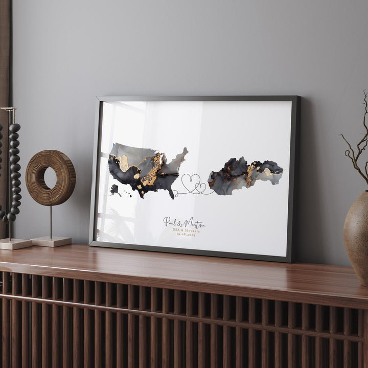 USA and Slovakia Map Black & Gold Travel Wall Art Print | United States | America | Travel Moving Home Gift