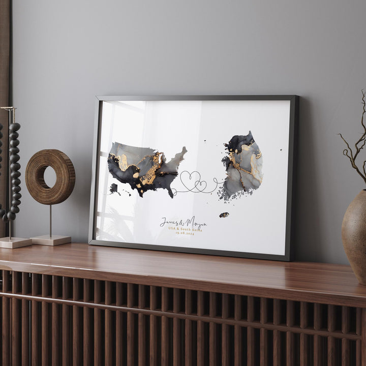 USA and South Korea Map Black & Gold Travel Wall Art Print | United States | America | Travel Moving Home Gift