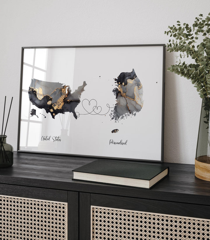 USA and South Korea Map Black & Gold Travel Wall Art Print | United States | America | Travel Moving Home Gift