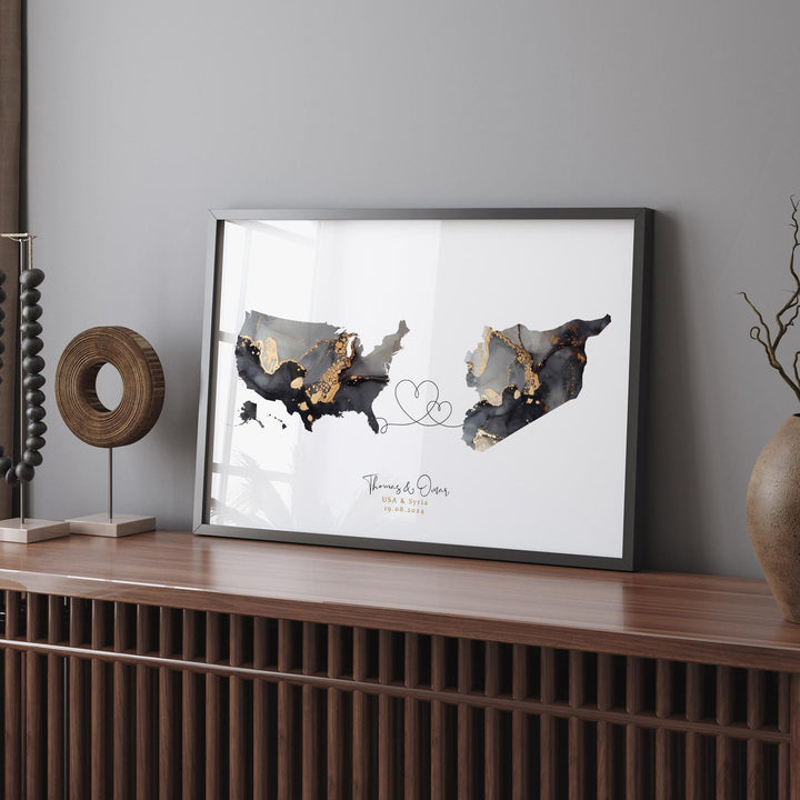USA and Syria Map Black & Gold Travel Wall Art Print | United States | America | Travel Moving Home Gift