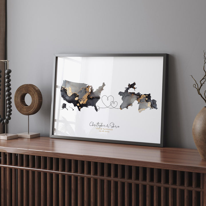 USA and Tajikistan Map Black & Gold Travel Wall Art Print | United States | America | Travel Moving Home Gift