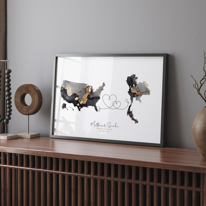 USA and Thailand Map Black & Gold Travel Wall Art Print | United States | America | Travel Moving Home Gift
