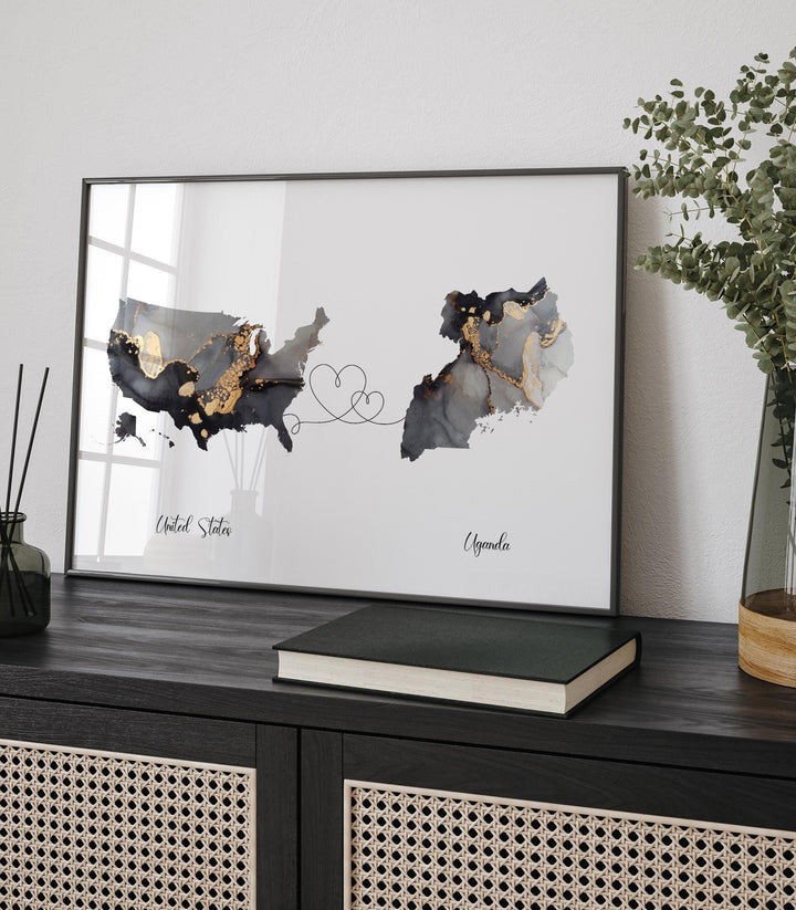 USA and Uganda Map Black & Gold Travel Wall Art Print | United States | America | Travel Moving Home Gift