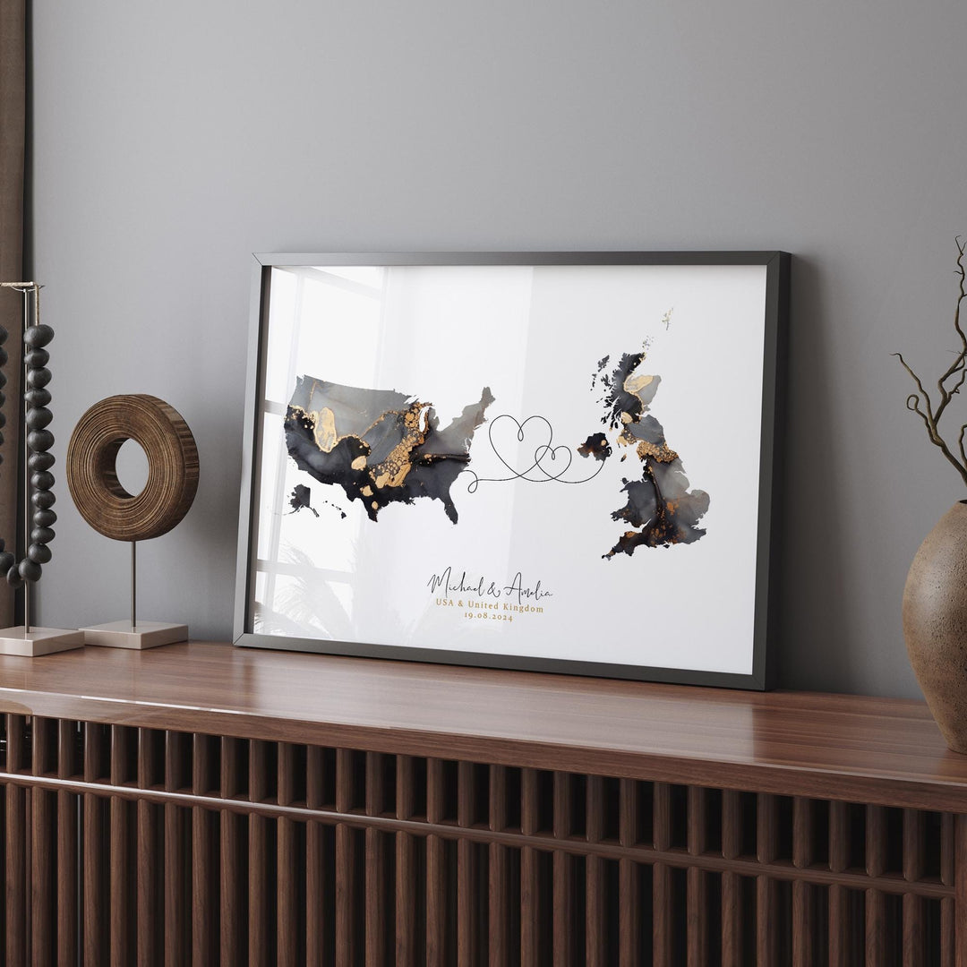 USA and United Kingdom Map Black & Gold Travel Wall Art Print | United States | America | Travel Moving Home Gift