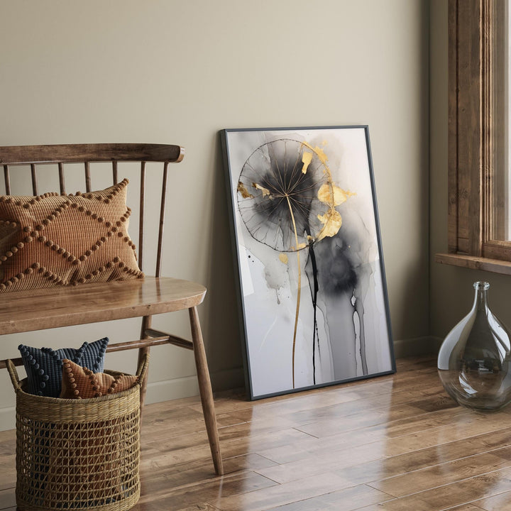Dandelion Wall Art Print in Black, Grey, and Gold  Nature Inspired Botanical Decor