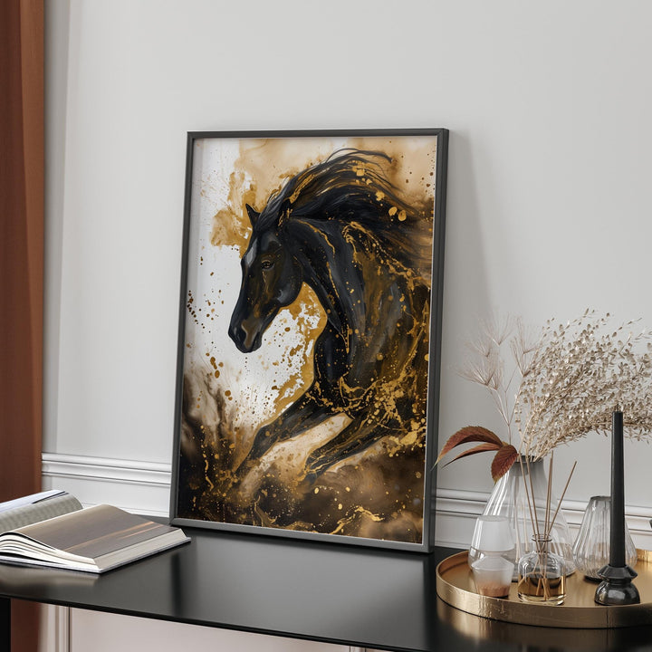Horse Wall Art In Black and Gold | Abstract Animal Painting